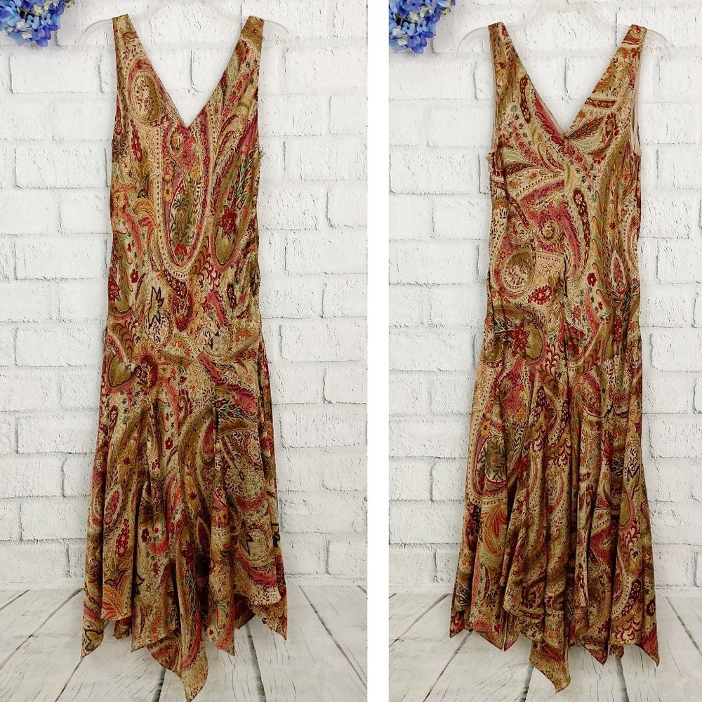 Lauren Ralph Lauren Paisley Silk Dress Size 12 Sleeveless Scarf Hem V-neck Boho - Picture 2 of 10